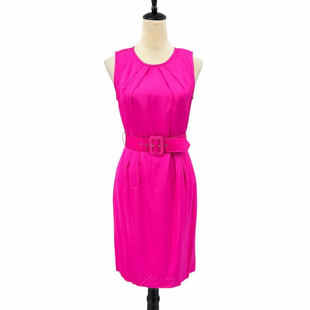 Trina Turk Hot Pink Fuschia Sleeveless Belted Fit & Flare Satin Sheath Dress